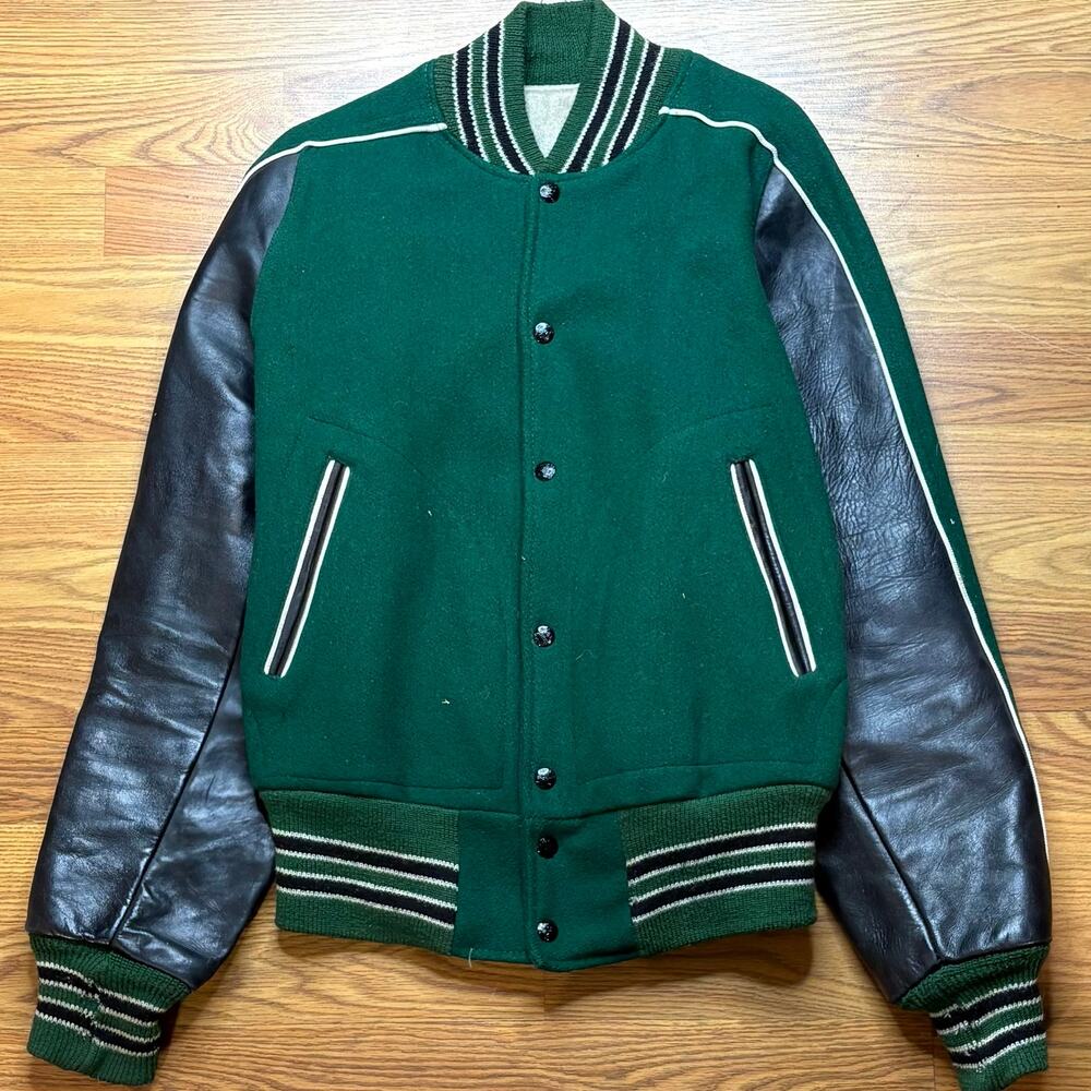 Vintage Kaye Bros Green Wool Leather Sleeve Varsity Letterman Jacket USA M